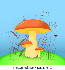 Gift postcard with cartoon animals mushroom. Decorative floral background with branches and plants.