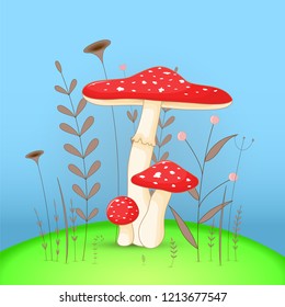 Gift postcard with cartoon animals mushroom. Decorative floral background with branches and plants.