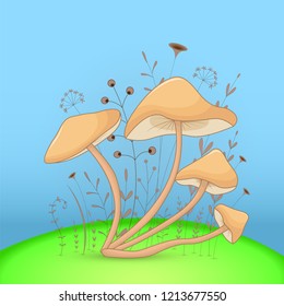 Gift postcard with cartoon animals mushroom. Decorative floral background with branches and plants.