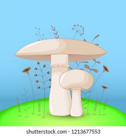 Gift postcard with cartoon animals mushroom. Decorative floral background with branches and plants.