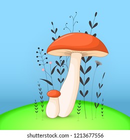 Gift postcard with cartoon animals mushroom. Decorative floral background with branches and plants.