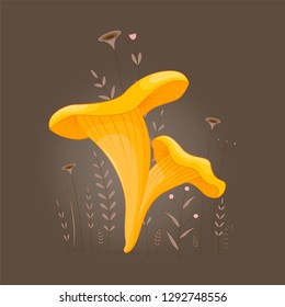 Gift postcard with cartoon animals mushroom. Decorative floral background with branches and plants.