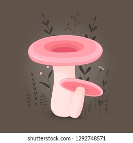 Gift postcard with cartoon animals mushroom. Decorative floral background with branches and plants.