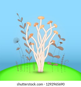 Gift postcard with cartoon animals mushroom. Decorative floral background with branches and plants.