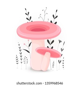 Gift postcard with cartoon animals mushroom. Decorative floral background with branches and plants.