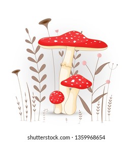 Gift postcard with cartoon animals mushroom. Decorative floral background with branches and plants.