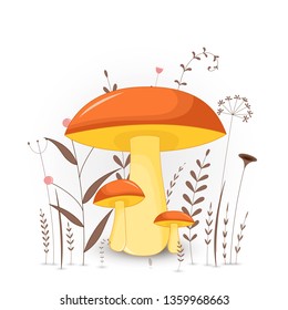 Gift postcard with cartoon animals mushroom. Decorative floral background with branches and plants.