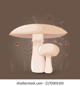 Gift postcard with cartoon animals mushroom. Decorative floral background with branches and plants