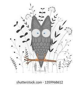Gift postcard with cartoon animals owl. Decorative floral background with branches and plants.