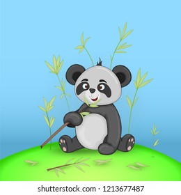 Gift postcard with cartoon animals panda. Decorative floral background with branches and plants.