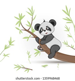 Gift postcard with cartoon animals panda. Decorative floral background with branches and plants.