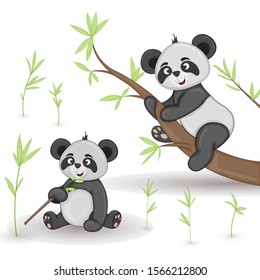 Gift postcard with cartoon animals panda. Decorative floral background with branches and plants