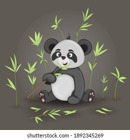 Gift postcard with cartoon animals panda. Decorative floral background with branches and plants