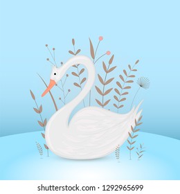 Gift postcard with cartoon animals penguin. Decorative floral background with branches and plants.