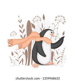 Gift postcard with cartoon animals penguin. Decorative floral background with branches and plants.