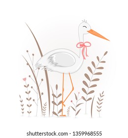 Gift postcard with cartoon animals stork. Decorative floral background with branches and plants.