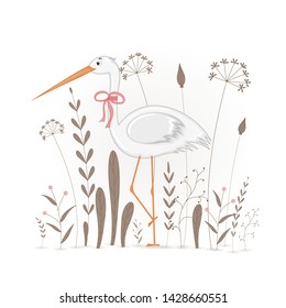 Gift postcard with cartoon animals stork. Decorative floral background with branches and plants.