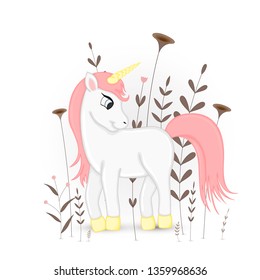Gift postcard with cartoon animals unicorn. Decorative floral background with branches and plants.