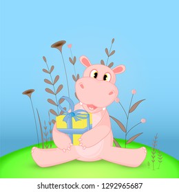 Gift postcard with cartoon hippo. Decorative floral background with branches and plants.