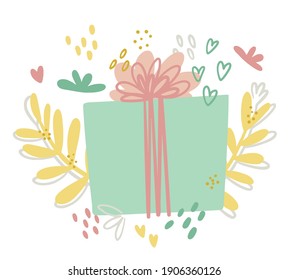 Gift postcard surrounded by graphic elements. Simple cute doodle style. Gift box in delicate green and pink colors. Suitable for greetings, invitations, cards, postcards, design elements.