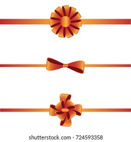 Gift present bow on horizontal ribbon for package, wrapping. Vector realistic decorative element on isolated background. Holiday decor