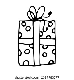 Gift present box with bow knot with dots rounds.Christmas, new year,xmas party.White and black simple line vector design doodle 