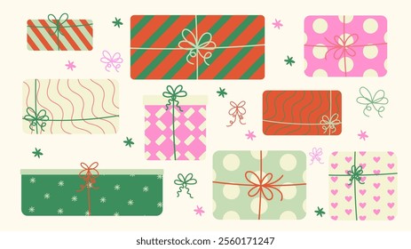 Gift or present box boxes illustration. Set Christmas (Birthday) gift boxes in cartoon retro style of the 90s. New Year's boxes. Birthday present gift boxes. Holiday stickers