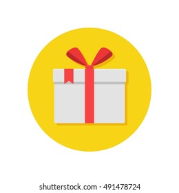 Gift or present box icon with red ribbon and bow vector isolated on white background. Icon gift box for Christmas or a birthday party in a flat style.