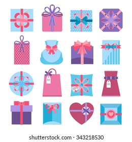 Gift and present box set of different shapes with ribbons and bows  isolated vector illustration
