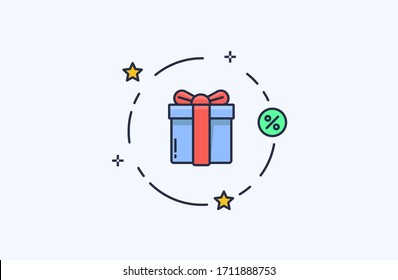 Gift, present box, surprize icon in flat line style. Design concept of vector illustration isolated on light background for website and mobile apps. 