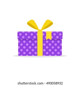 Gift or present box with yellow ribbon and bow vector isolated on white background. Icon gift box for Christmas or a birthday party in a flat style.