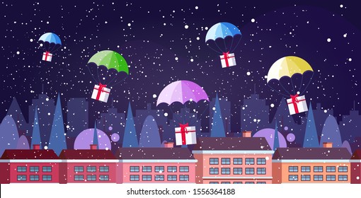 gift present boxes falling down with parachutes merry christmas happy new year air mail express delivery concept winter city houses cityscape background horizontal vector illustration
