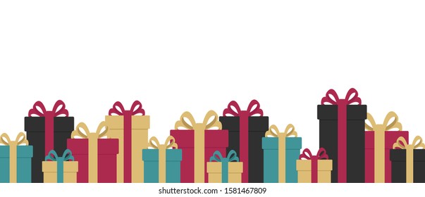 Gift present boxes illustration on the bottom of the page, various size gift boxes with ribbon and bow decoration in premium colour scheme