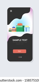 gift present boxes merry christmas happy new year holidays celebration concept smartphone screen online mobile app vertical vector illustration