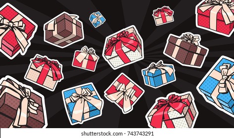 Gift Or Present Boxes Set With Bow And Ribbon On Black Background Vector Illustration