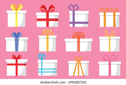 Gift present boxes white with colorful ribbons isolated on pink background set. Design element, wrapping paper, greeting card. Boxes for storing things, shoes. Vector flat style. Freebie object