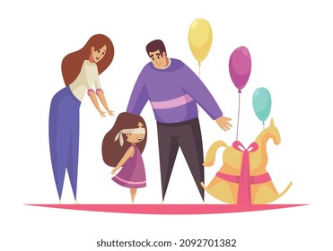 Regalo composición actual con personajes de padres que presentan caballo de juguete a su ilustración vectorial hija