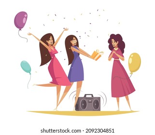 Gift present composition with group of female friends surrounded by balloons with gift box vector illustration