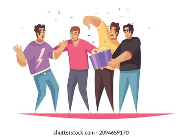 Gift present composition with group of mamale friends surrounded by confetti with gift box vector illustration