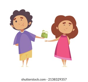 Gift present giving composition with cartoon characters of surprised teenage friends with gift box vector illustration
