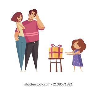 Regalo regalo de composición con personajes de dibujos animados de padres y niñas con ilustración vectorial de caja de regalo