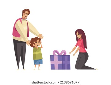 Regalo regalo de composición con personajes de dibujos animados de familiares sorprendidos con ilustración vectorial de caja de regalo