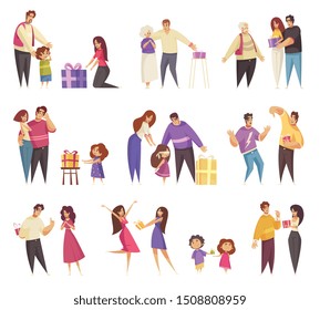 Gift present giving set of isolated icons with flat doodle characters of people in different relationships vector illustration
