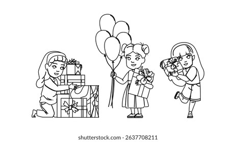 gift present kid girl vector. birthday happy, children party, box parent gift present kid girl character. people black line pencil drawing illustration