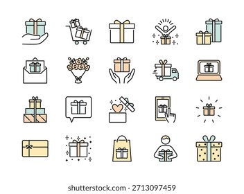 Conjunto de iconos de línea de regalo y presente, Ilustración vectorial de color