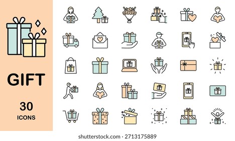 Geschenk und präsentieren Linie Symbol-Set.  Farbige Vektorgrafik. 