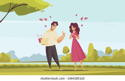 Gift present romantic love composition with outdoor park landscape and flat characters of couple with hearts vector illustration
