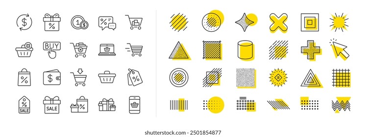 Gift, Present and Sale offer signs. Design shape elements. Shopping wallet line icons. Shopping cart, Delivery gift and Tags symbols. Speech bubble, Discount, sale and wallet. Online buying. Vector