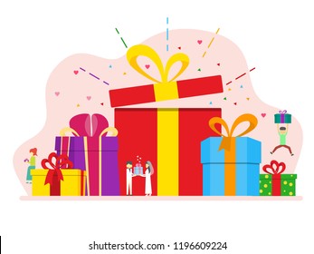 Gift Present Set Tiny People Concept Wallpaper Banner Flat Illustration Vector