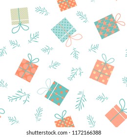 Gift, present, surprise box, new year tree brunch vector simple pattern for wrapping paper